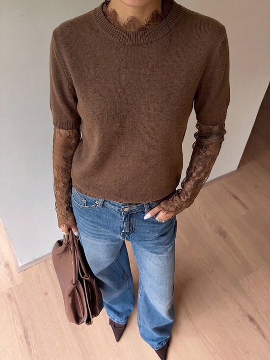 Sweaters - Brown Casual Women's Lace detailed Plush Knit Sweater top